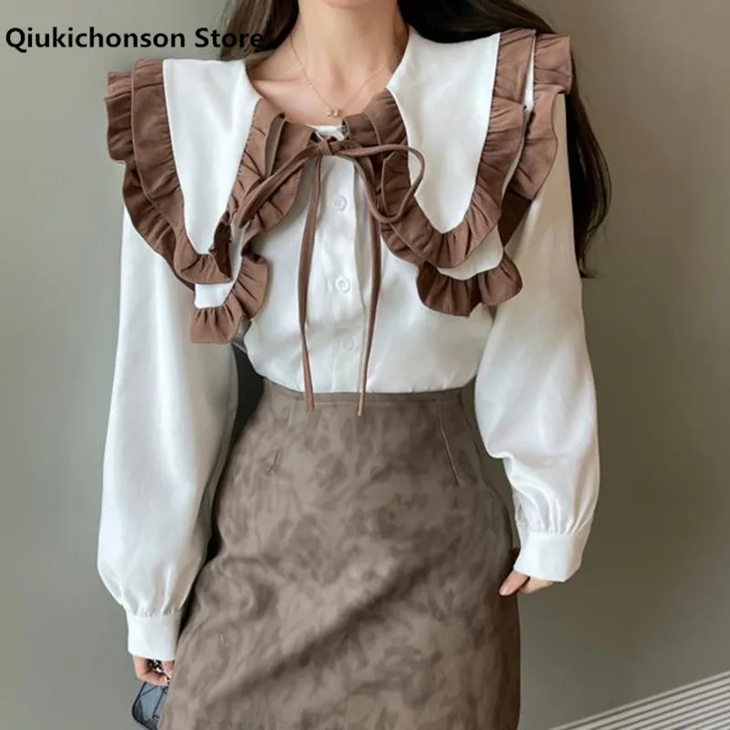 

Spring Autumn Long Sleeve Shirt Women Korean Cute Contrast Color Frilly Peter Pan Collar Ruffle Tops White Button Up Shirt