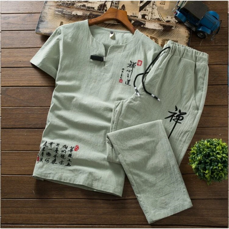 

Summer Mens Retro Embroidery 2 Piece Set, Casual Fashion Men Short-Sleeved Tshirt and Lace up Ankle-length pants 7 Color Options