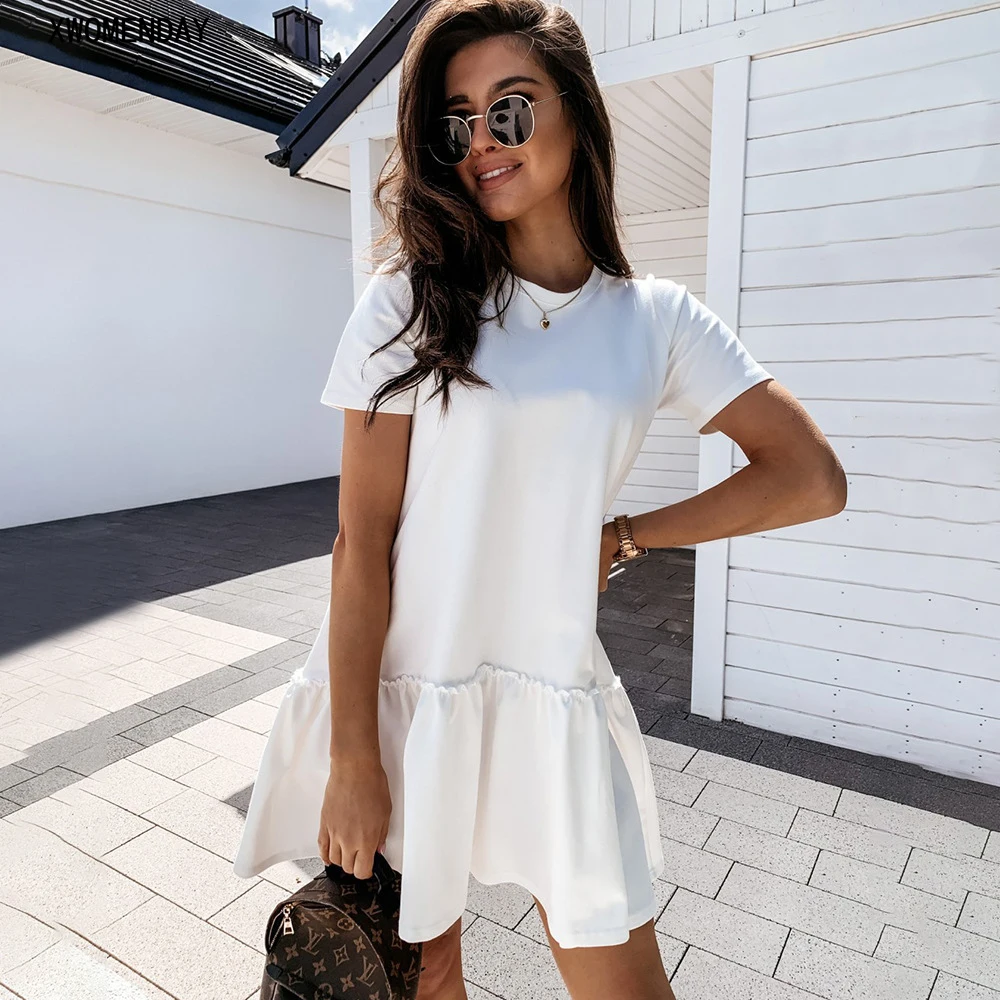 

Summer Women Loose Short Sleeve Mini Dress Casual White Black Ruffles Beach Sundress Elegant Solid korean fashion Dresses 2021