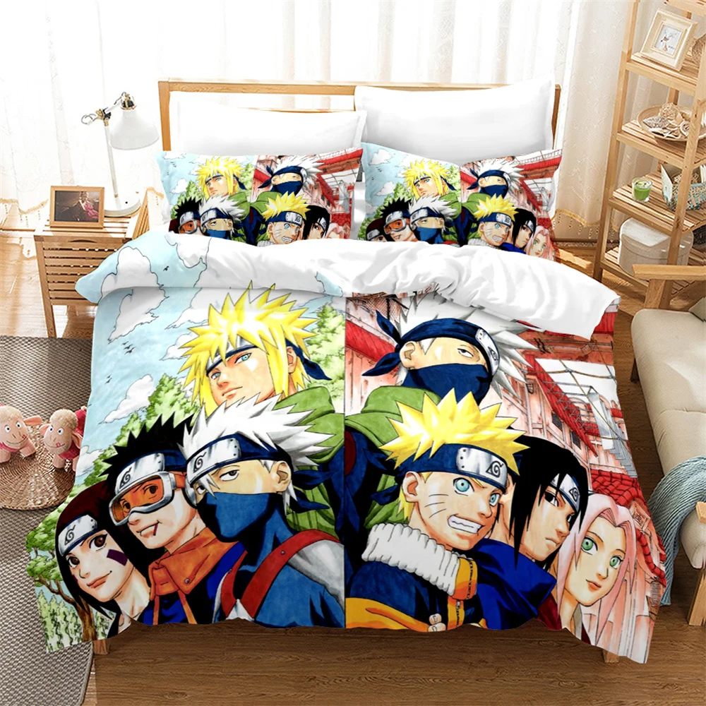 Funda nórdica Ninja Uzumaki Uchiha Narutoes, juego de cama de dibujos animados, tamaño doble de 200x200 para niños, niños y niñas, decoración de dormitorio, textiles para el hogar