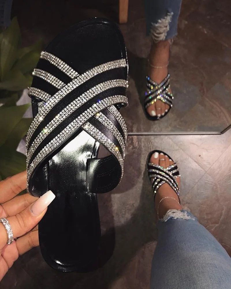 Весенне летние новые 2020 Открытый кросс стразы Тапочки с блестящим брильянтовым