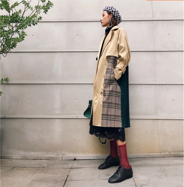 2019 осенний хаки клетчатый лоскутный плащ женская уличная длинная куртка