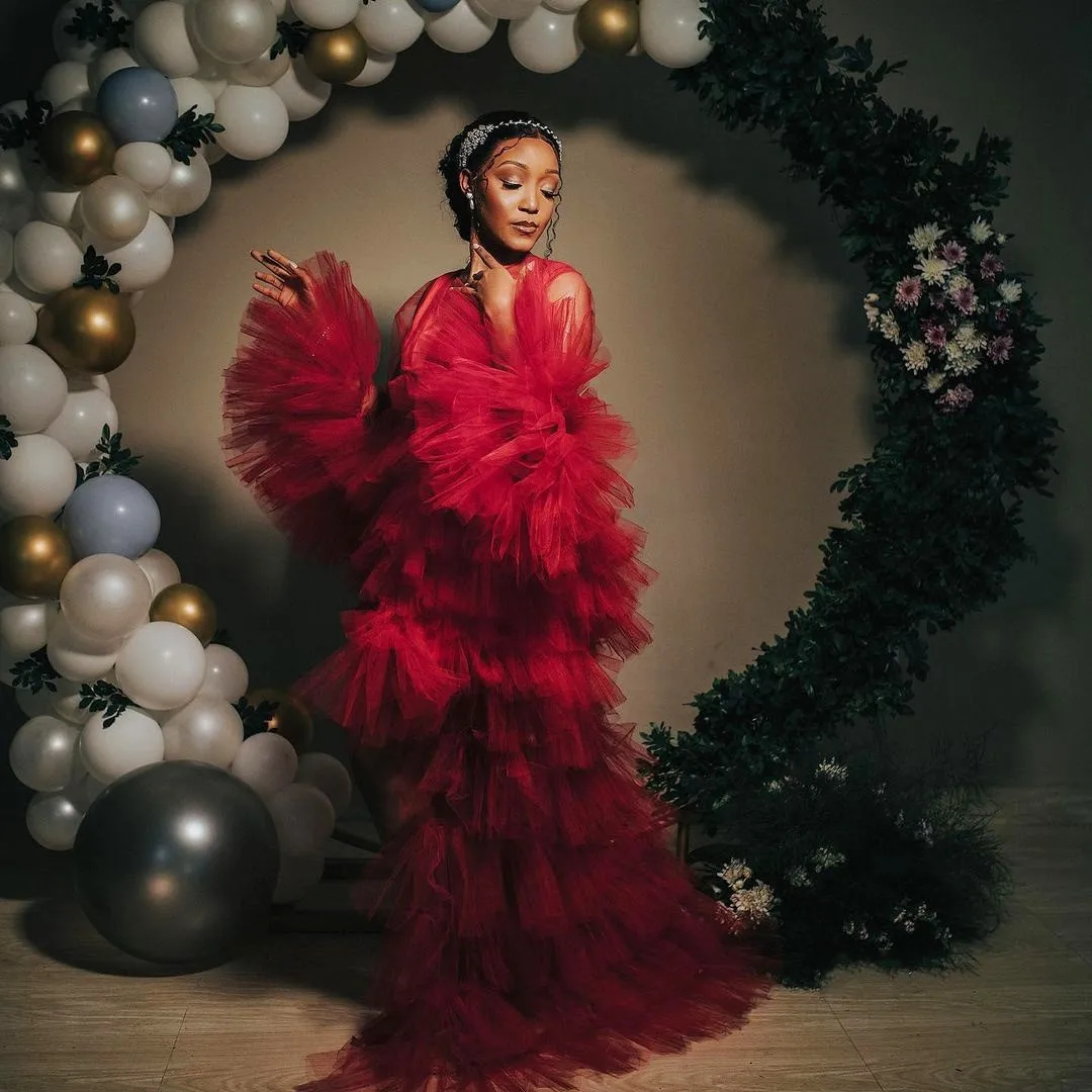 

Burgundy Ruffle Tulle Robes Wine Women Maternity Dresses Formal Birthday Robes Photo Shoot Illusion Sleeves Robe De Soiree