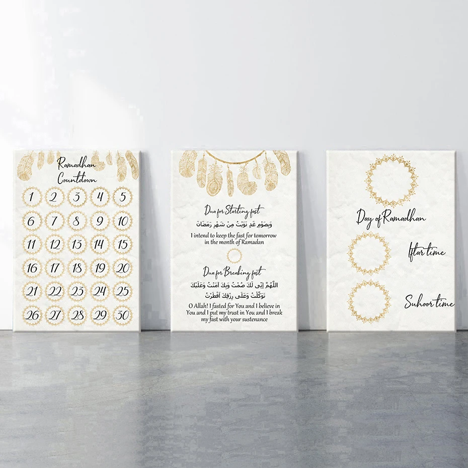 

Мусульманские плакаты Suhoor Iftar, художественный календарь Рамадана, настенный Декор для дома, обратный отсчет до ИД, холст, печать мусульманск...