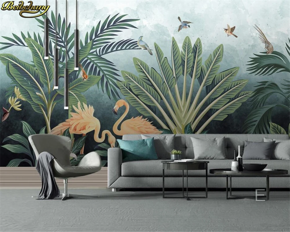 

beibehang Custom 3d wallpaper mural medieval hand painted tropical rain forest flamingo HD background wall decoration painting