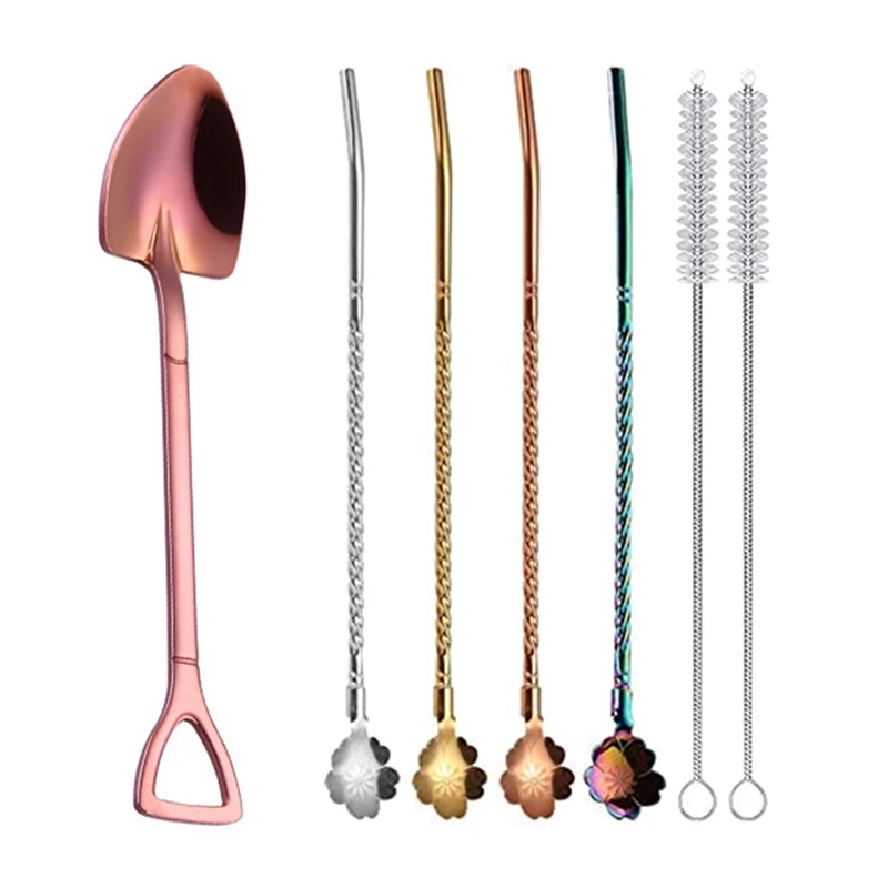 

Rose Gold Creative Small Shovel Spoon With 4 Pcs 2 In 1 Stainless Steel Straws Spoon,Reusable Tea Strainer