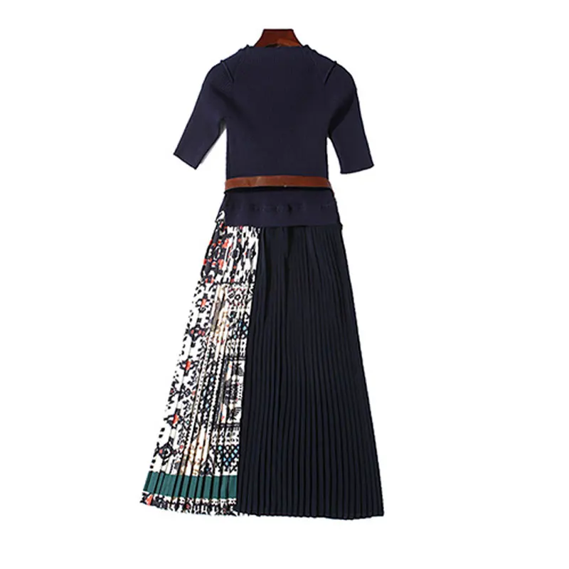 Женское трикотажное платье с поясом элегантное плиссированное в стиле ретро