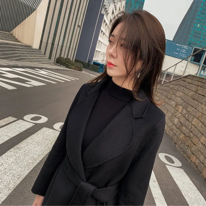 

High-end double-sided cashmere Coat Women 2020 Autumn winter Black Slim Elegant Long Outerwear Plus size Female Warm Wool Coats