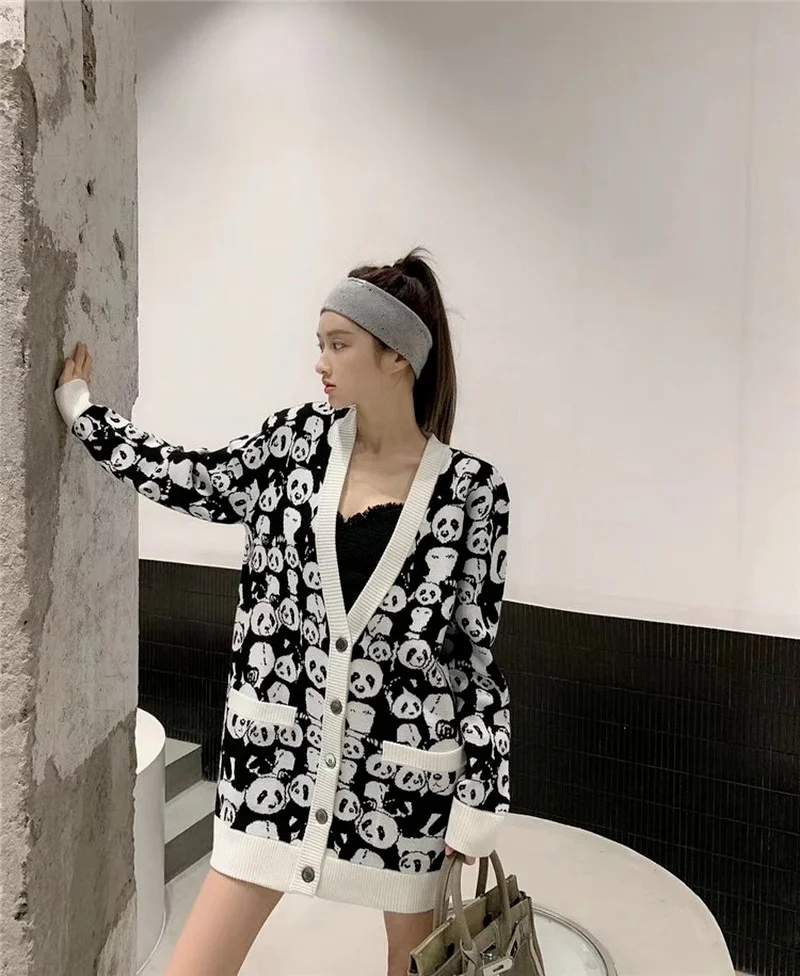Новинка Осень-зима 2021 утолщенный вязаный кардиган с рисунком панды средней длины
