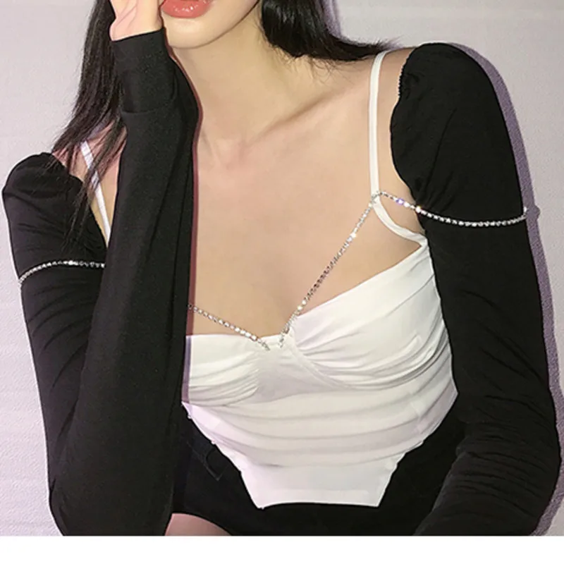 

Kywommnz French Retro Clavicle Tight-fitting Long-sleeved T-shirt Women Fashion Zircon-Sling Slim-fit Top Summer 2021 E2354