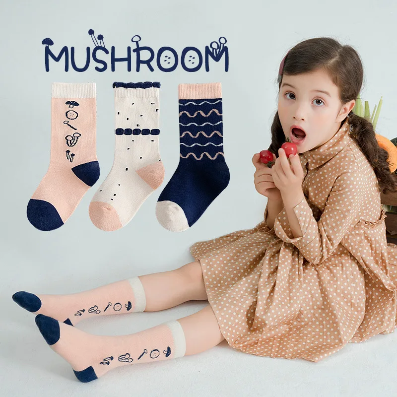 

3 шт., Детские хлопковые носки, милые носки средней длины для девочек и мальчиков, модные детские носки в Корейском стиле с рисунком грибов дл...