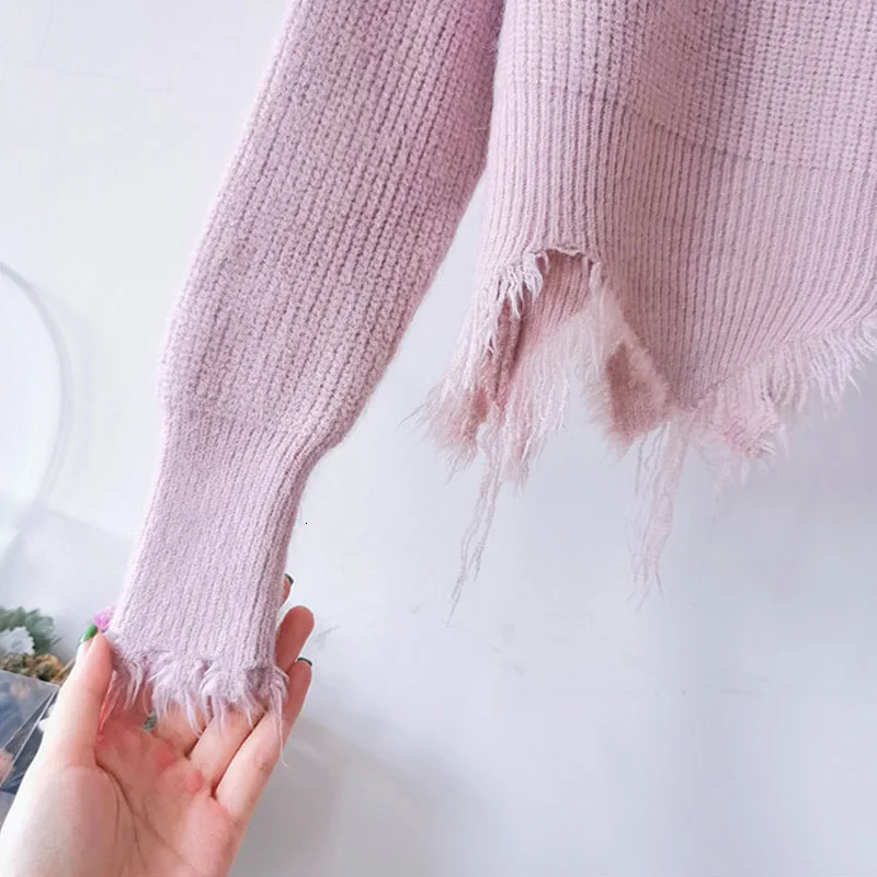 

Women Casual Irregular Hem Tassel Solid Color Knitted Sweater Autumn Winter V Neck Long Sleeve Loose Warm Slim Fashion Pullover