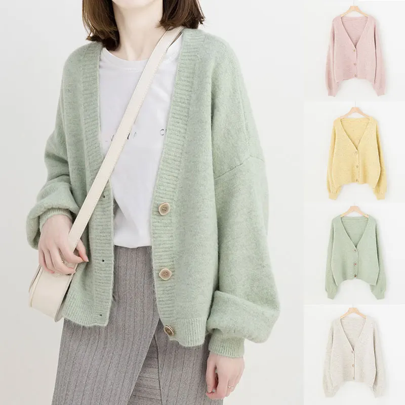 

2020 Autumn Winter Outwear V Neck Long Sleeve Knitwear Coat Solid Cardigan Oversized Button Knitted Chic Sweater Solid Tops Hot