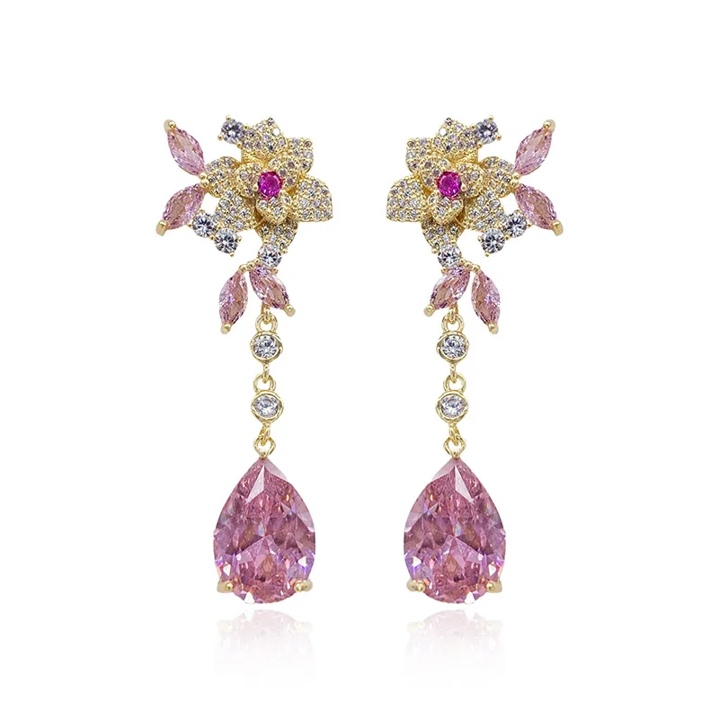 Pendientes con forma de flor rosa para mujer, aretes de Camelia llamativos, joyería de marca de lujo, gota de agua colgante, 2022