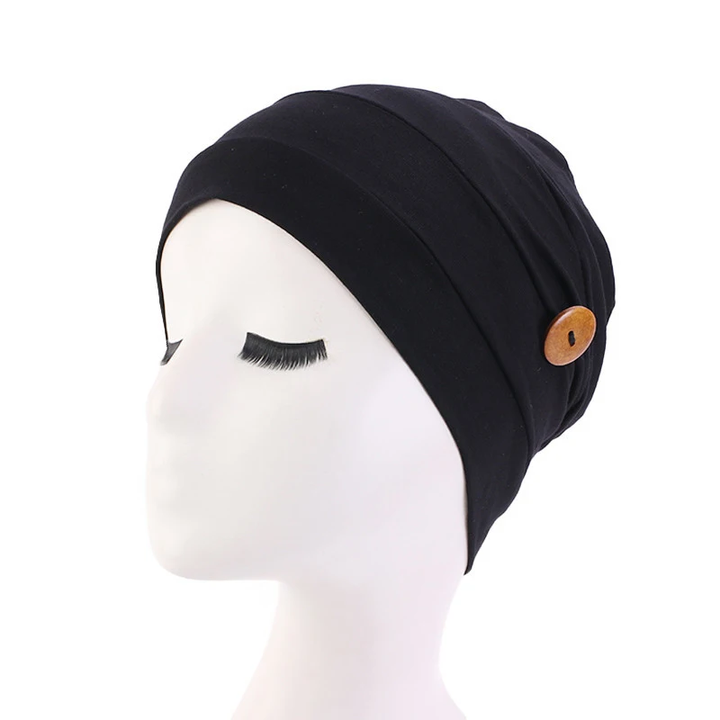 

2021 Solid Women'S Turban With Button Elastic Hat Nightcap Nurse Hat Femme Soft Cotton Headscarf Turbans For Women Hijab Cap