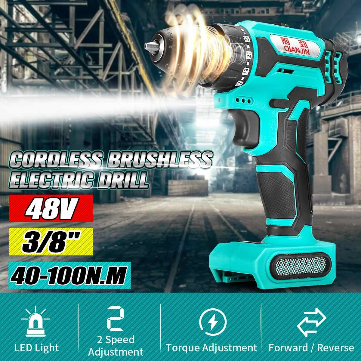 

48V 2 Speed Adjustment Cordless Brushless Electric Drill Hammer Impact 40-100Nm Torque Driver 10mm Chuck Hand DIY Power Tools