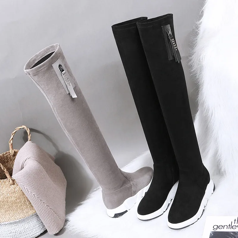 

MoonMeek 2020 new stretch+suede leather boots zip flat platform over the knee boots women round toe autumn winter boots womens