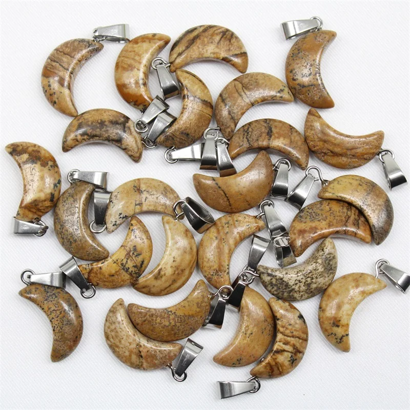 

Оптовая продажа 24 шт высокое качество натуральный камень картина Jaspers Луна Подвески для ювелирных изделий Дамские аксессуары для девочек