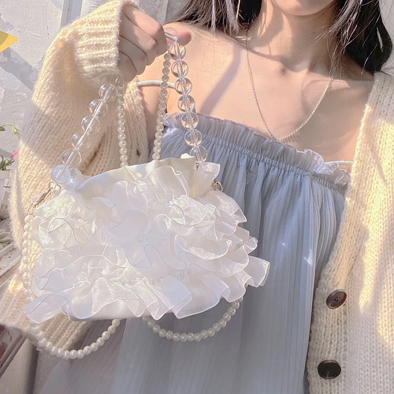 

New Arrival Women Pearl Chain Shoulder Crossbody Bags Lovely Student Girls Mesh Cloth Top-handle Bag Female Fashion Handbags