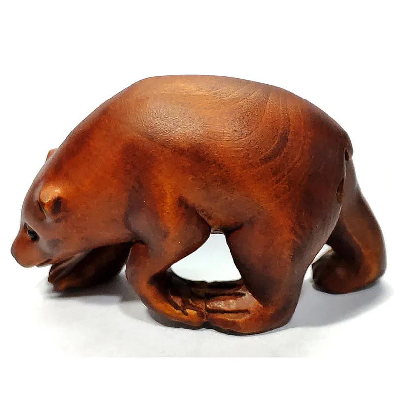 

2-Дюймовая японская резная вручную скульптура самшита Netsuke, миниатюрный милый подставка для медведя-# Z7289