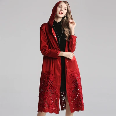 red XXXL Верхняя одежда Пальто осенний Повседневный плащ женское с капюшоном выдалбливают вышивка длинный рукав винтажные длинные пальто женские - Цвет: red