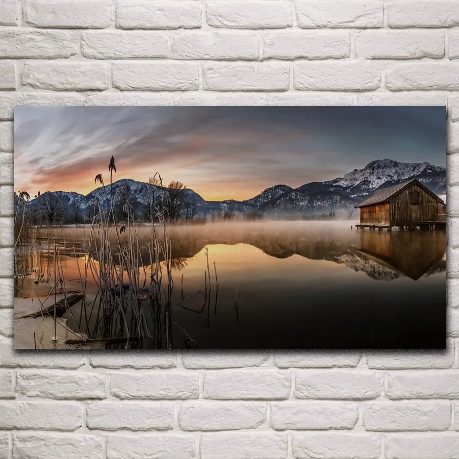 

Dawn lake scenery morning mountains sunset nature landscape fabric posters on wall picture home art living room decoration KP163