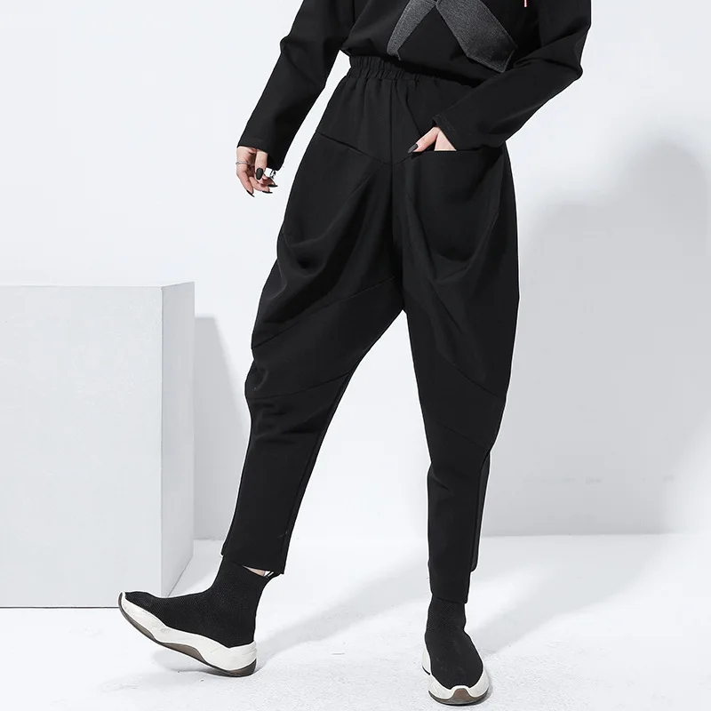 

Мешковатые плиссированные штаны-шаровары для женщин, большие размеры, одноцветные, черные, многослойные, выше размера, высокая эластичност...