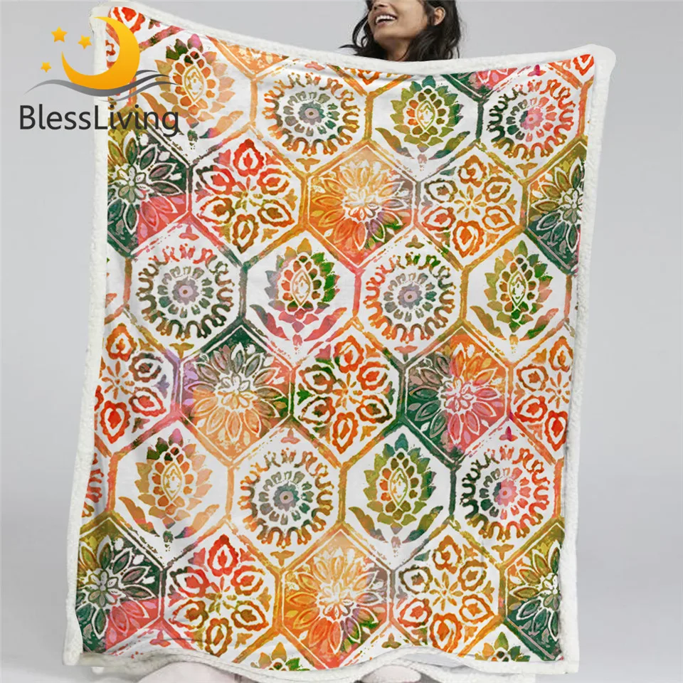

BlessLiving Watercolor Sherpa Fleece Blanket Floral Tiles Bedding Vintage Flower Throw Blanket Ethnic Boho Mandala Manta 150x200
