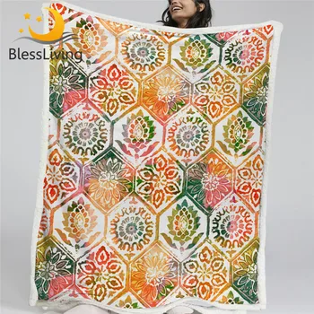 BlessLiving Watercolor Sherpa Fleece Blanket Floral Tiles Bedding Vintage Flower Throw Blanket Ethnic Boho Mandala Manta 150x200 1