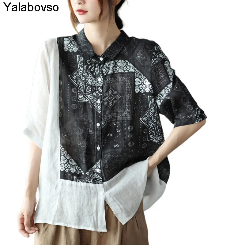 

Women's Loose Retro Vintage Cardigan Blouses Tops Summer Linen Print Contrast Shirts Women 2020 Soft Hotsale Summer Clothes