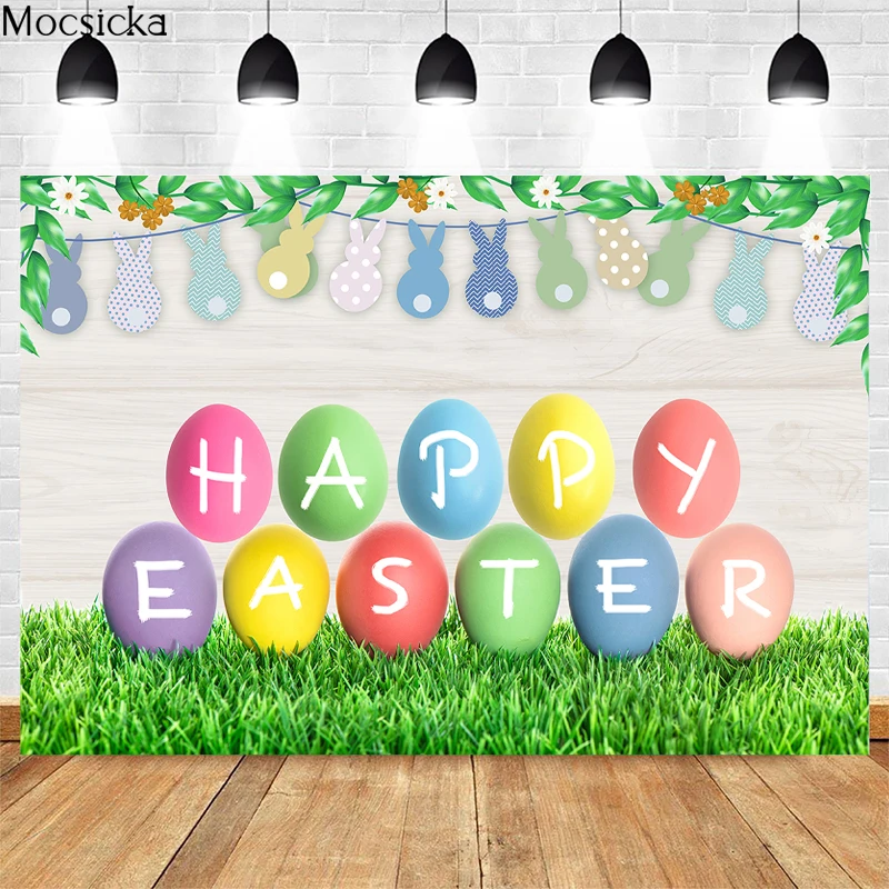 

Mocsicka Easter Photography Background Eggs Grass Wood Plank Decoration Props Baby Shower Child Portrait Photo Backdrop Banner