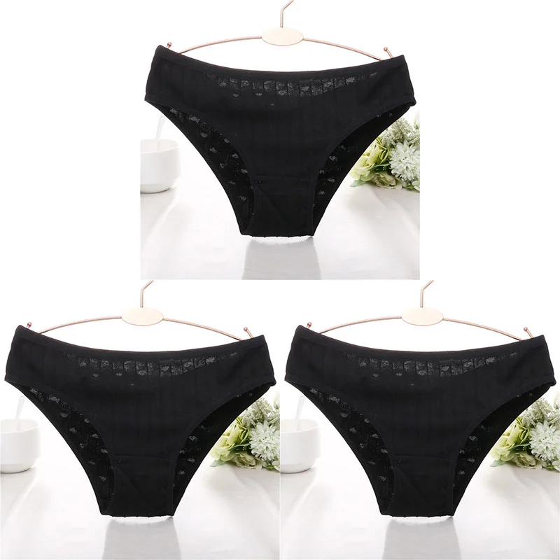 black 3pcs Хлопковые трусики с тиснением в виде сердца для женщин, одноцветные женские сексуальные трусы-брифы, нижнее белье, трусы, 3D полосатые хлопковые трусики - Цвет: black 3pcs