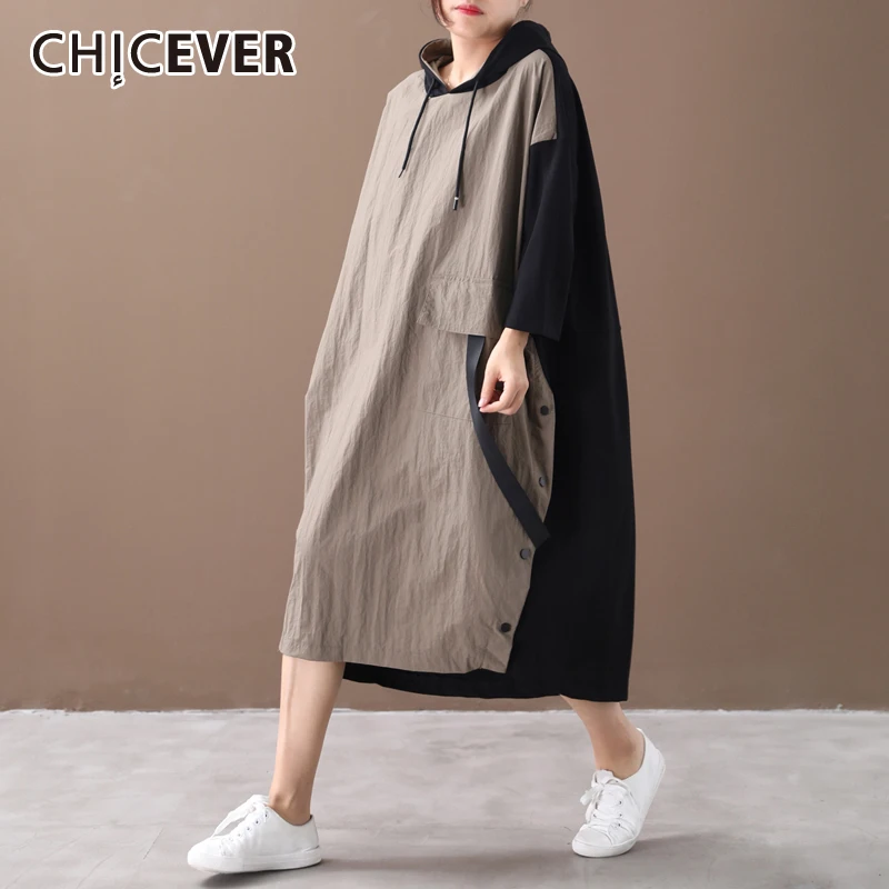 CHICEVER мозаичное яркое цветное женское платье с капюшоном на запястье с рукавом оверсайз Свободные повседневные платья женские осенние модные новые