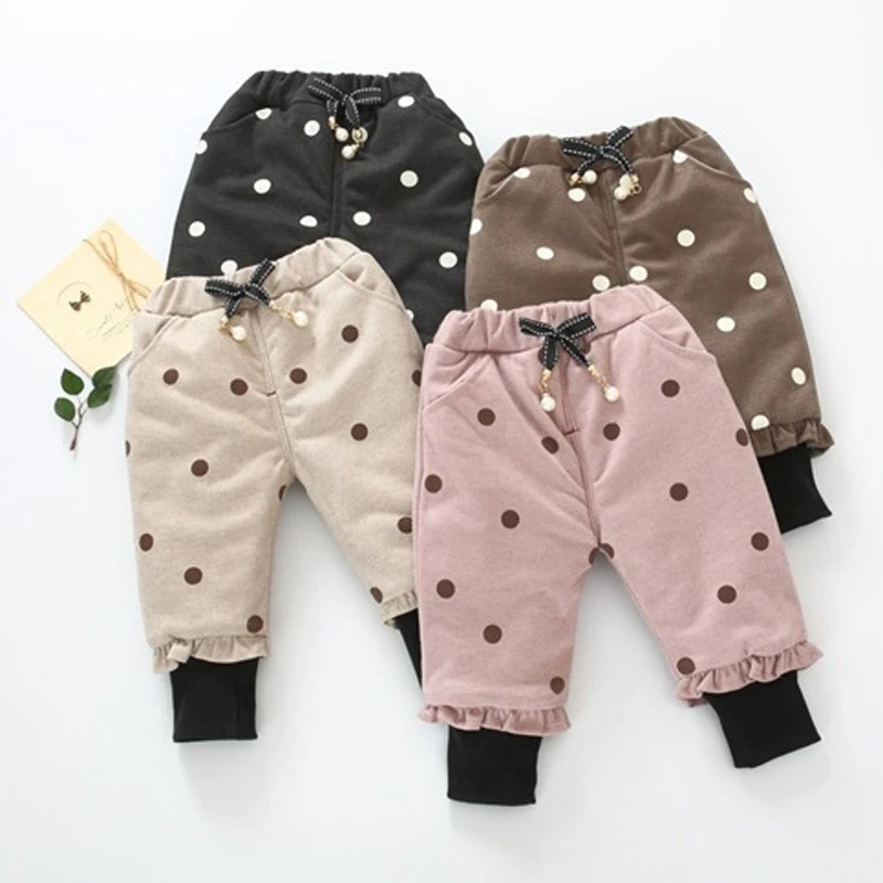 2019 теплые зимние бархатные штаны в горошек с бантом для маленьких девочек