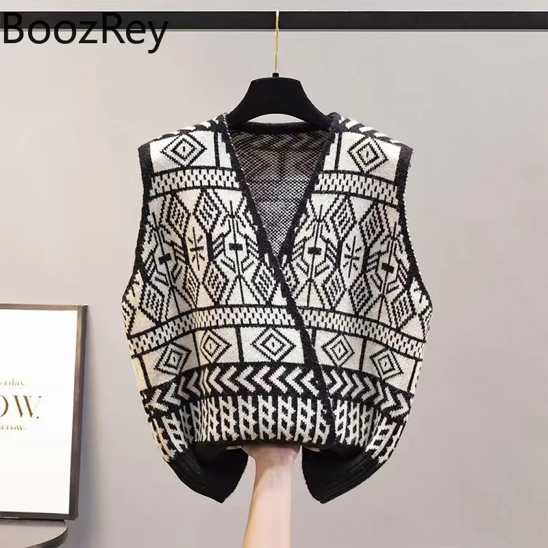 

BoozRey Women Knitted Vest Sleeveless Waistcoat V-neck Retro Sweater Loose Outwear Jacket Korean Fashion Fall Clothes for Women