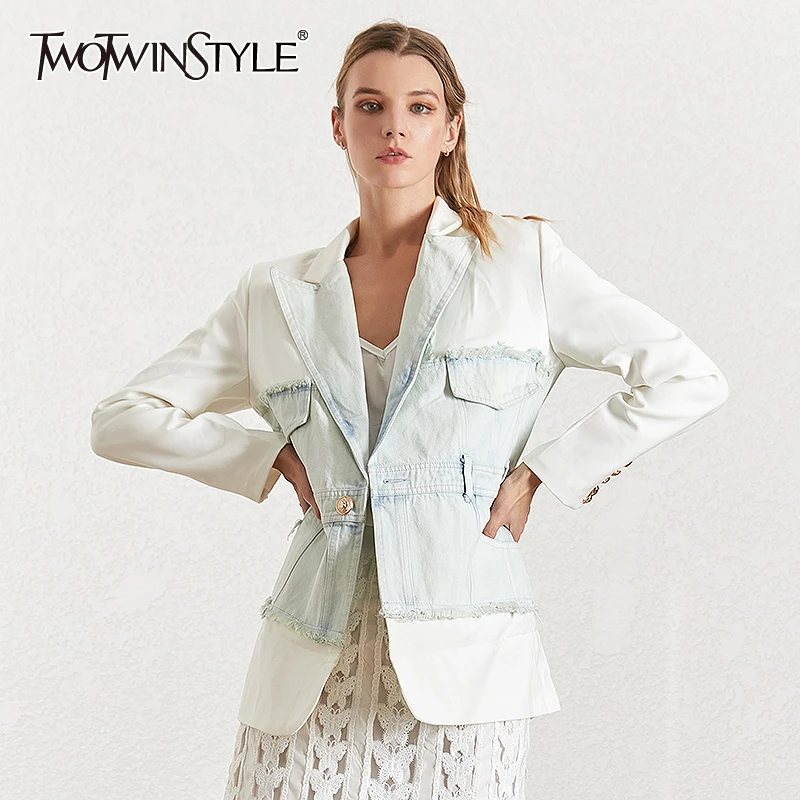 TWOTWINSTYLE джинсовый лоскутный выдалбливающий Женский блейзер с зубчатым