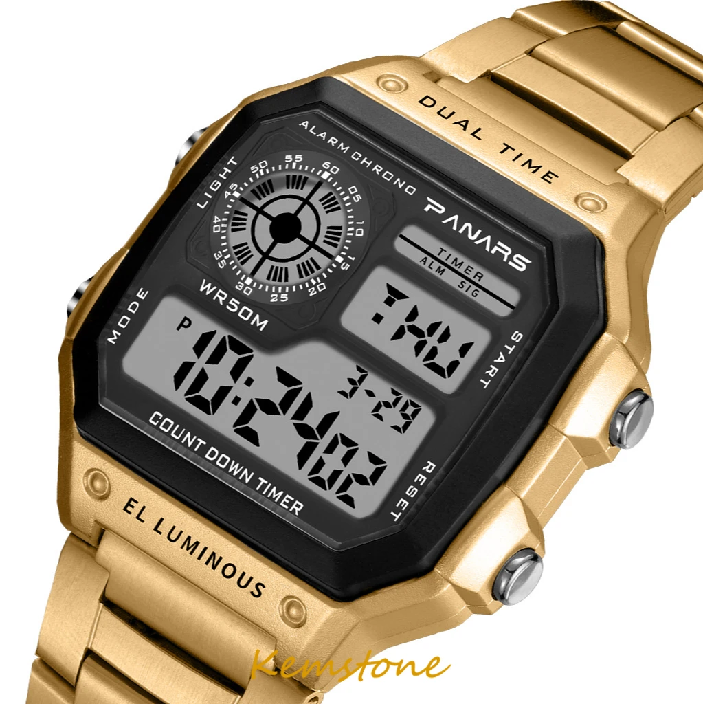 

Мужские светящиеся спортивные цифровые часы Kemstone с ремешком из нержавеющей стали, водонепроницаемость 50 м