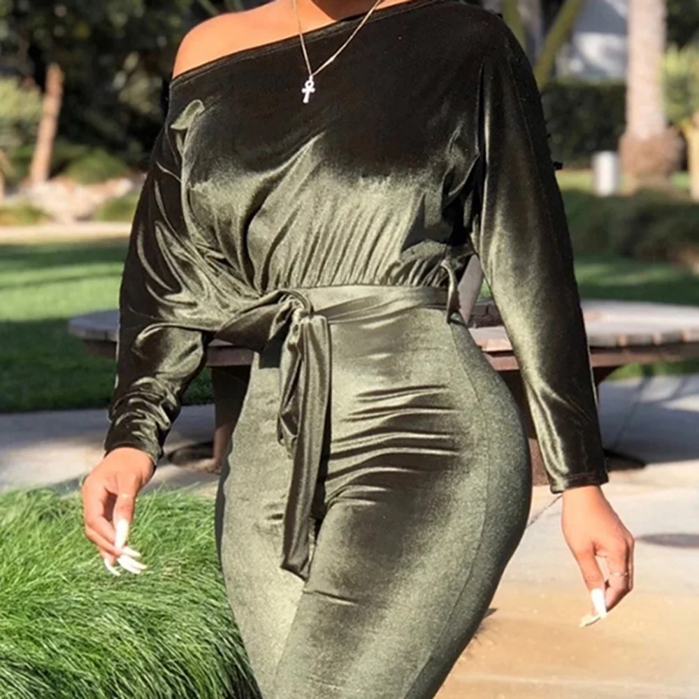 African Fashion Women Skinny Jumpsuits Fall Spring Sexy Solid Green Velvet Causal Female Belt Romper Office Playsuits |