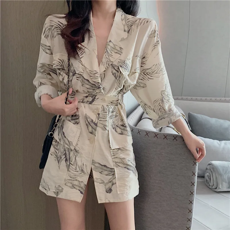 RUGOD New Women Thin Blazers Cotton And Linen Pockets Casual Coat Stylish Print Oversize Tunic Blazer Buttons Temperament