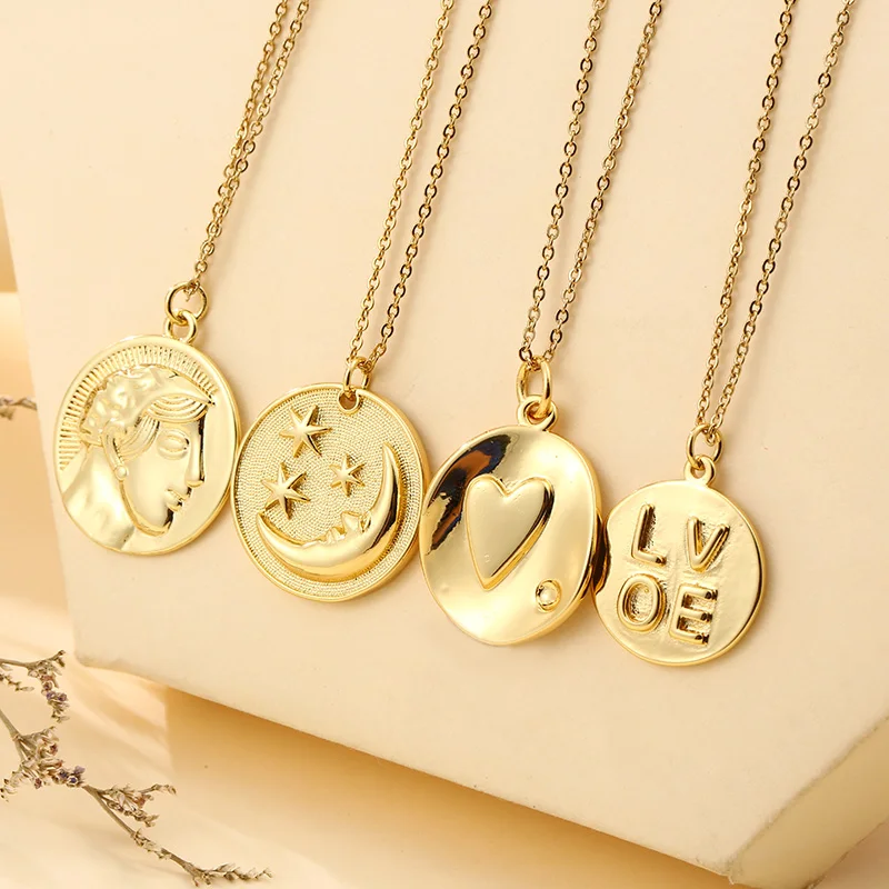 

Vintage Stainless Steel Chain Copper Plated Gold Human Head Star Moon Love Pendant Necklace For Women Charm Female Jewelry