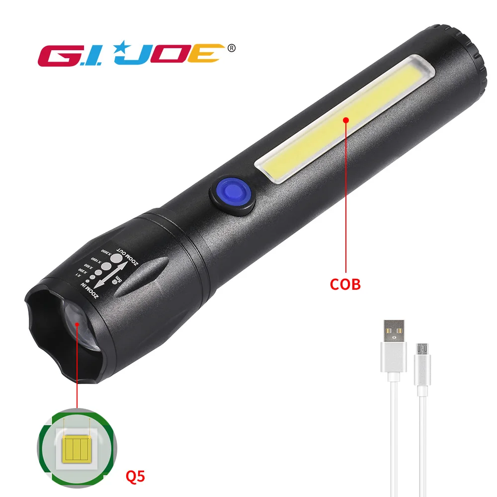 

COB led flashlight USB rechargeable EDC Zoomable Torch Aluminum alloy Built-in battery Q5 3 modes waterproof Camping Fishing