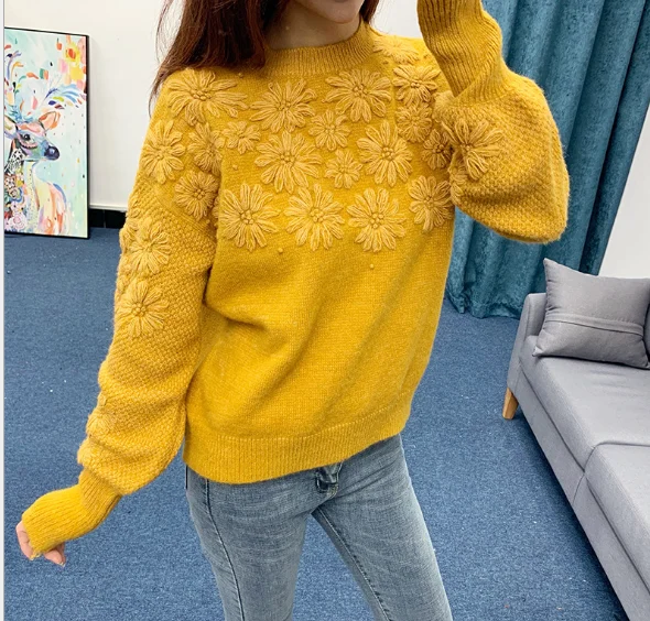 

New Tops Fashion Sweaters 2021 Autumn Winter Pullovers High Quality Women Flower Embroidery Knitting Casual Jumpers Blue Yellow