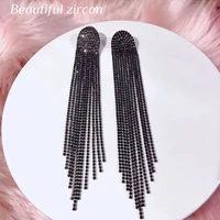 european and american womens fashion mysterious black rhinestone long tassel earrings wedding crystal earrings gift accessories