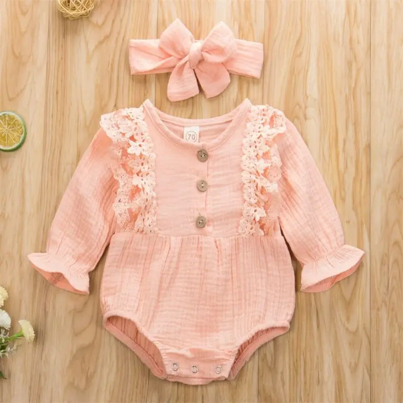 

2pcs Infant Baby Girl Lace Romper Bodysuit Jumpsuit Outfit Clothes Headbands Set