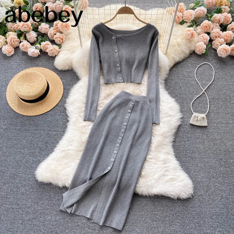 

Autumn Women Knitted Set Design Irregular Button Short Tops+High Waist Sexy Bodycon Split Long Skirts Two Piece Suits