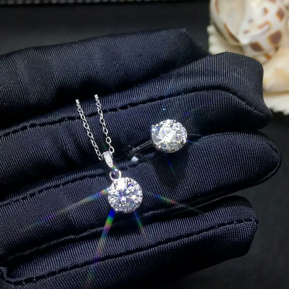 MeiBaPJ 1 карат Moissanite Алмазный Ювелирный Набор 925 Серебряное кольцо кулон ожерелье 2