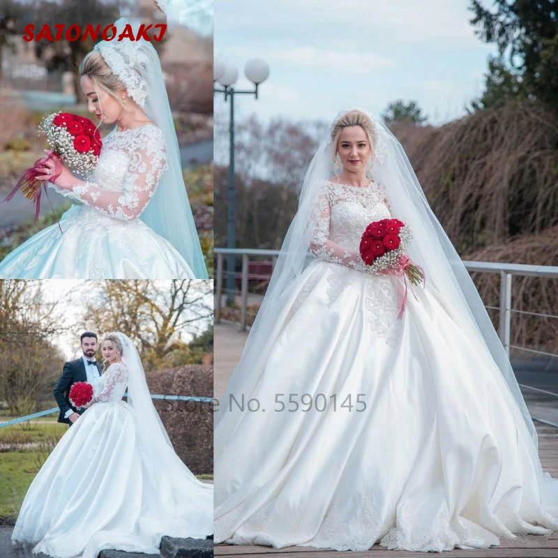 

Vintage Long Sleeves Wedding Dress 2020 Jewel Appliques Ball Gown Sweep Train Satin Princesa Bridal Vestido De Novia Online Shop