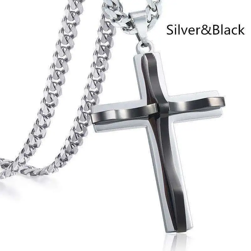 

New Retro Punk Rock Hip Hop Gold Plated Black Cross Pendant Women's Necklace Retro Double Stainless Steel Jesus Men's Necklace