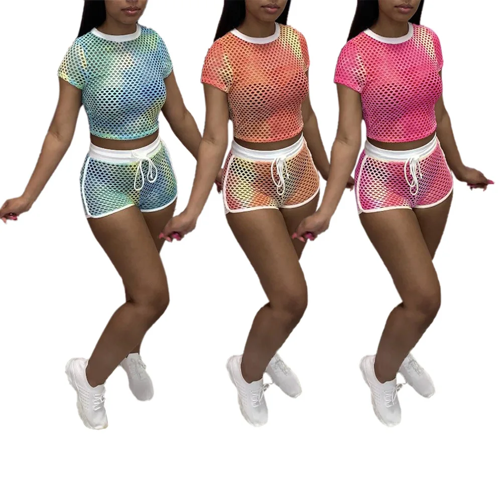 

New Colorful Printed Hollow out 2PCS/SET Beachwear Sexy women see through crop top+ short bottom Bikini swimwear Cover-ups 2021