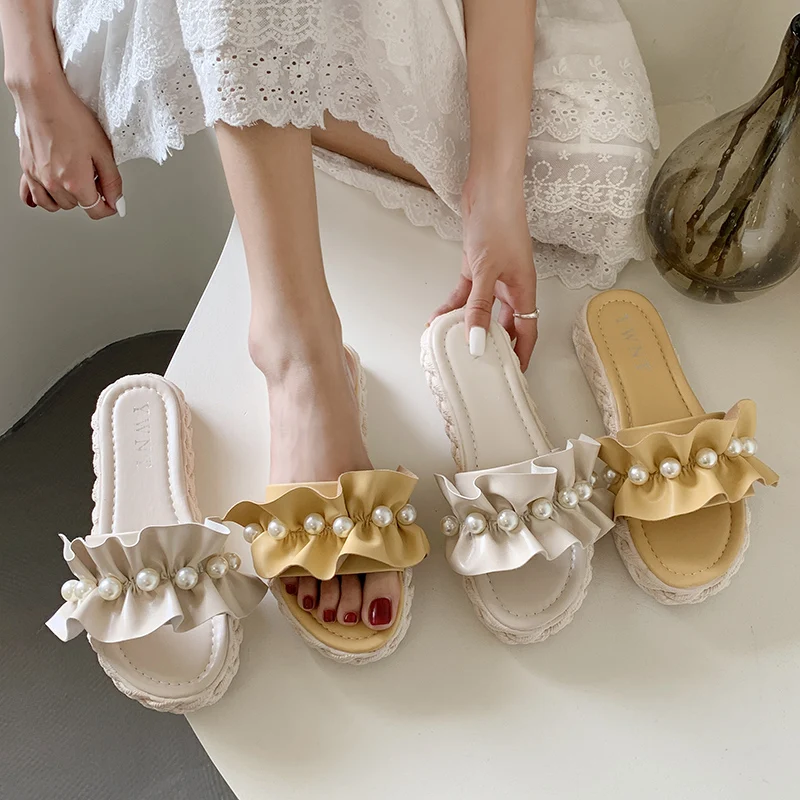 

Slippers Casual Shoes Slipers Women String Bead Platform Slides Luxury Summer 2021 Soft Flat PU Fashion Basic Rubber Slippers Ca